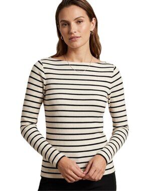 NWT LOFT | Ribbed Boat Neck Sweater Stripes Cream & Black | Size	Medium